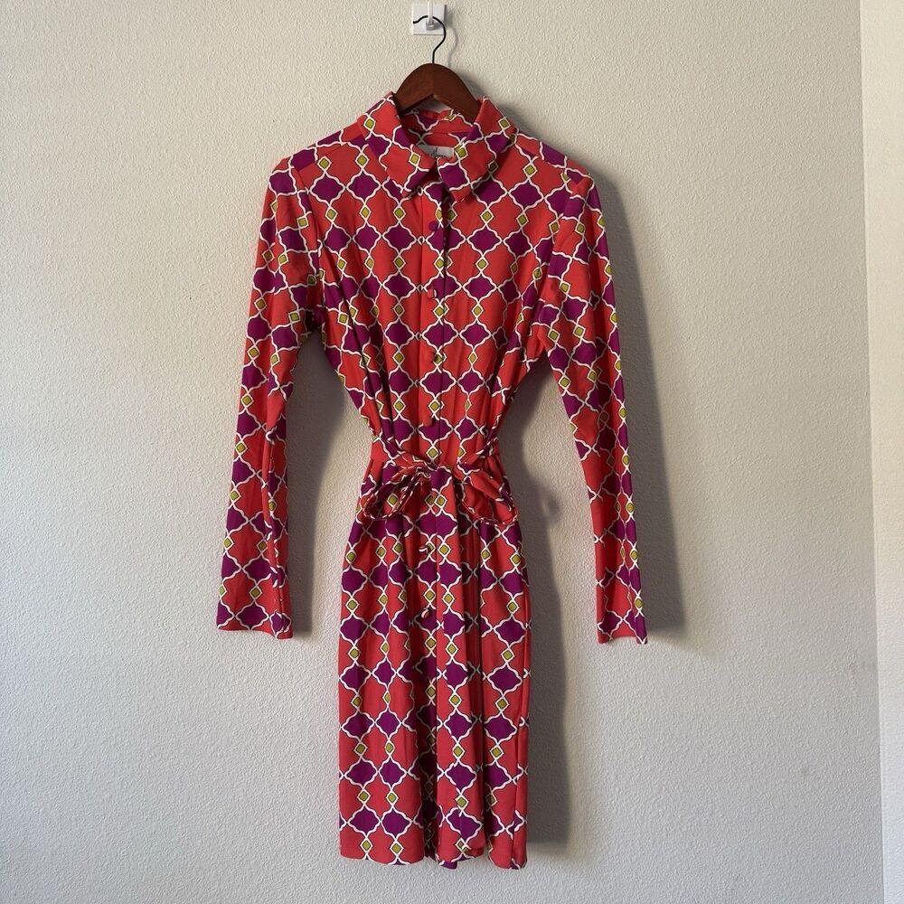 Jude Connally Moroccan Lattice shift dress Size L Red Pink Purple Geo Print Tie